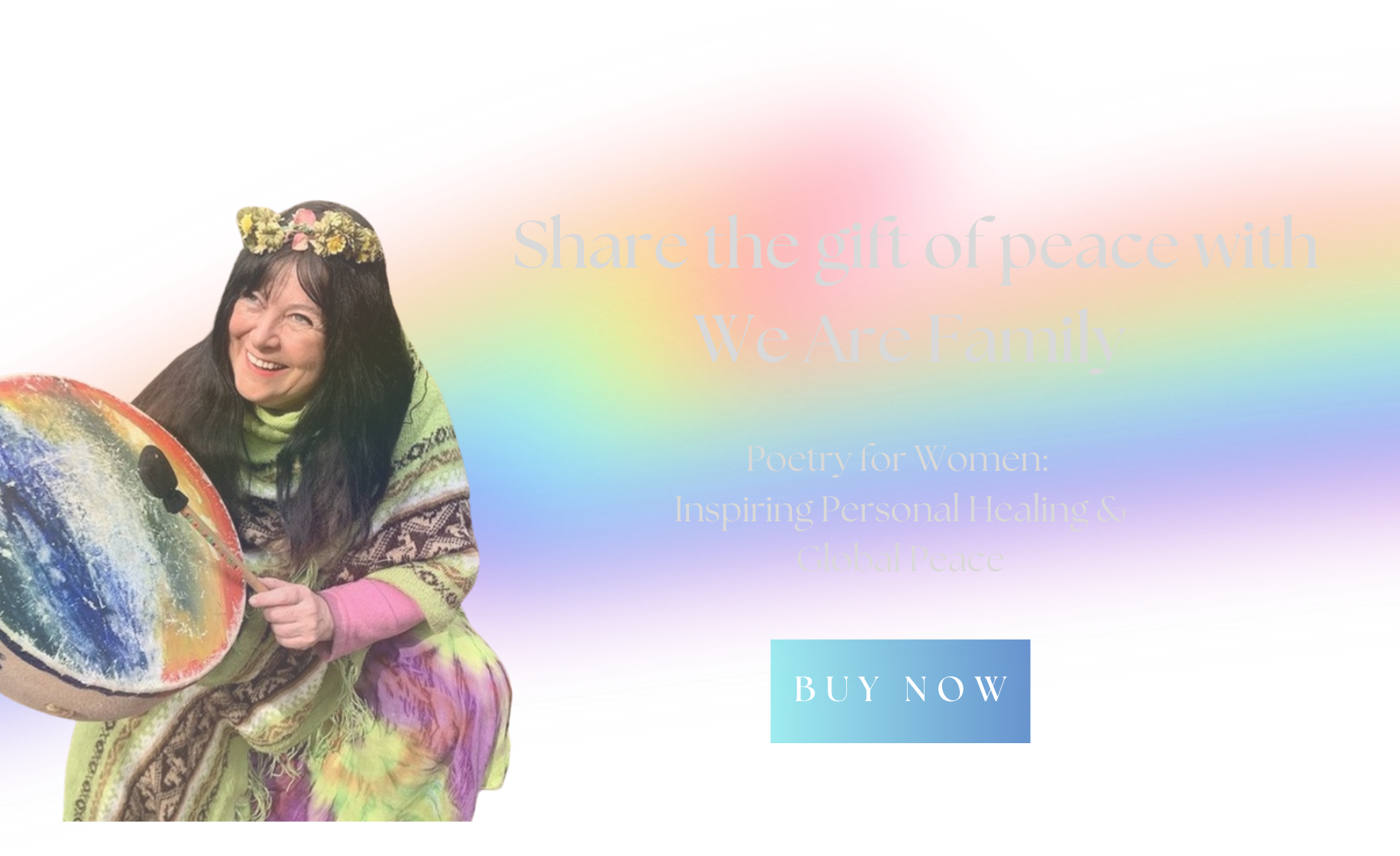 A woman smiling, symbolizing unity and peace. The background features vibrant colors that represent harmony and togetherness, with the words 'We Are Family' artistically integrated into the design